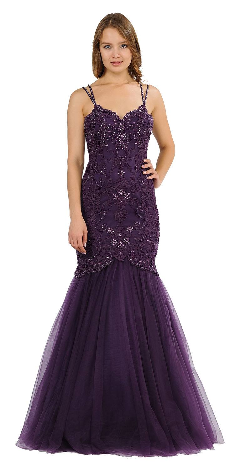 Embroidered-Lace Mermaid Long Prom Dress Plum