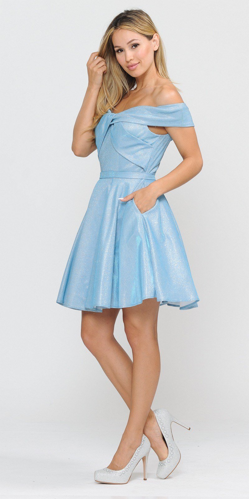 Poly USA 8356 Baby Blue Homecoming Short Dress Off-Shoulder 