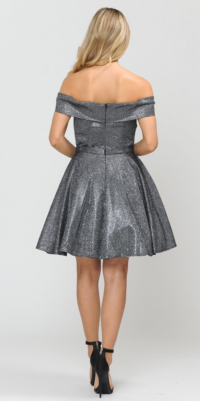 Poly USA 8356 Silver/Black Homecoming Short Dress Off-Shoulder 