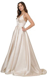 V-Neck Long Prom Dress with Pockets Champagne