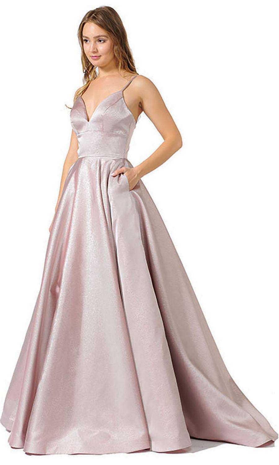 V-Neck Long Prom Dress with Pockets Mauve