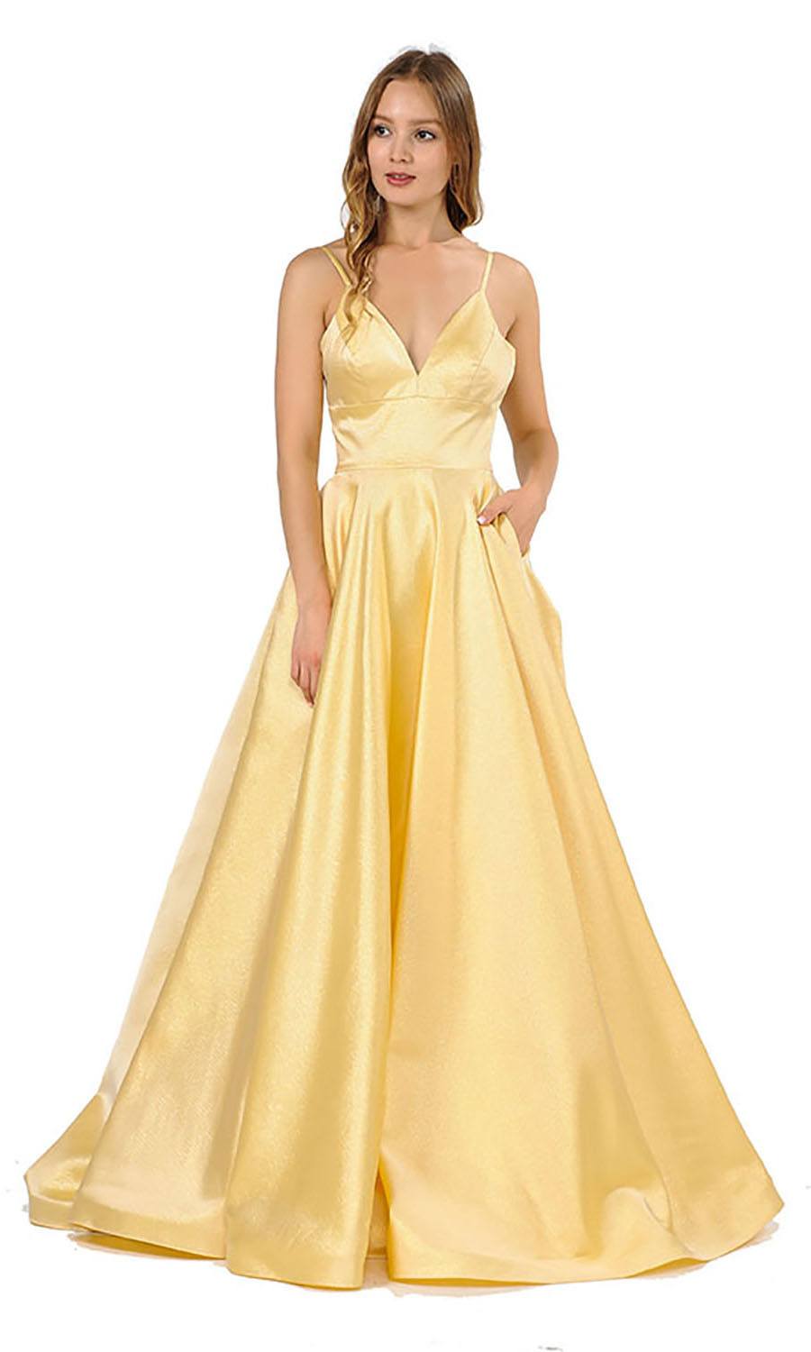 V-Neck Long Prom Dress with Pockets Yellow