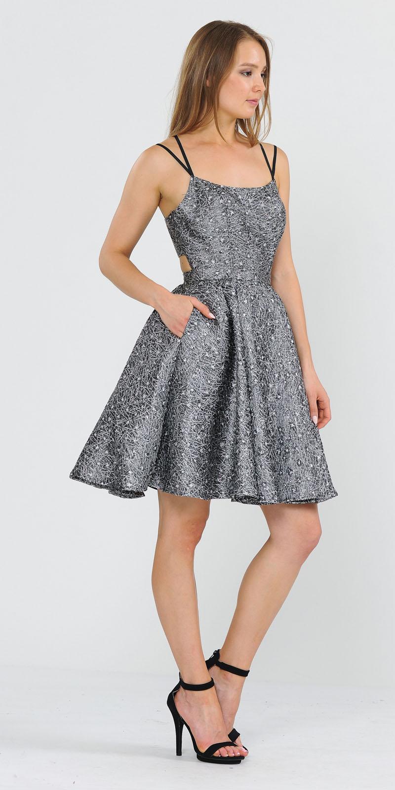 Cut-Out Back Homecoming Short Dress Black/Silver with Pockets