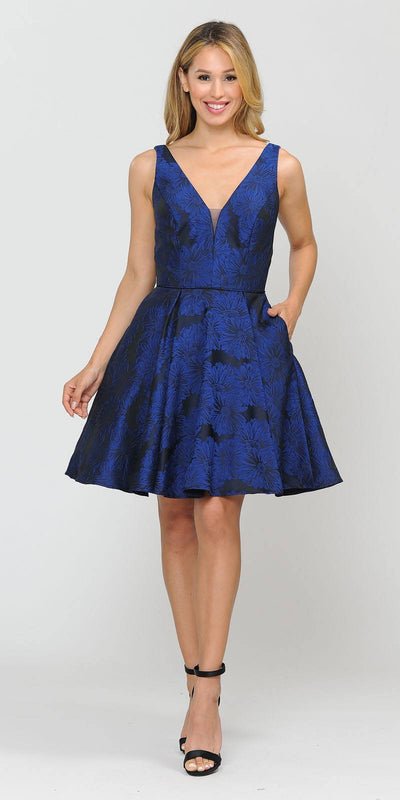 Poly USA 8366 V-Neck and Back Navy Blue Homecoming Short Dress 