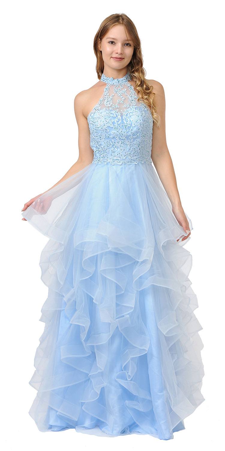Halter Tiered Long Prom Dress Blue