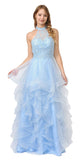 Halter Tiered Long Prom Dress Blue