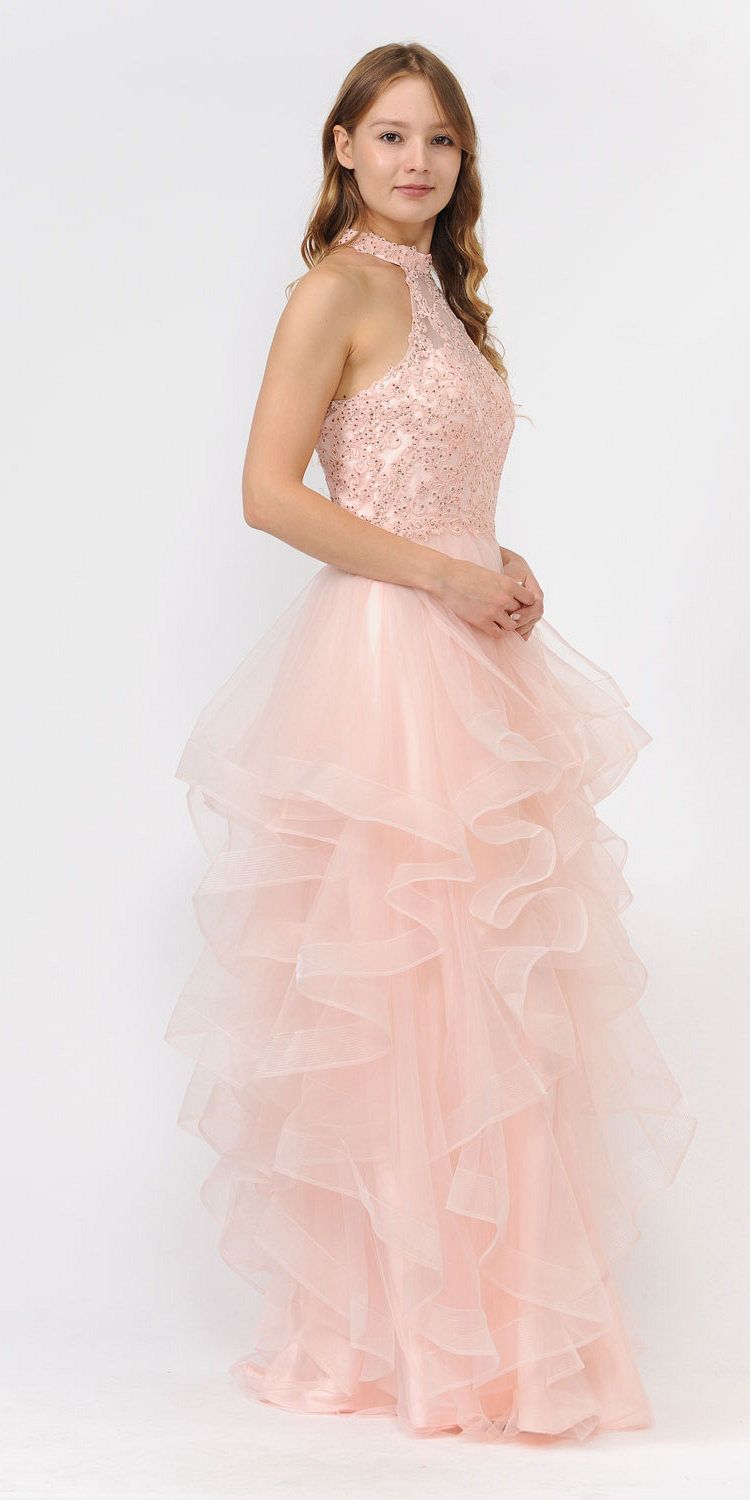 Halter Tiered Long Prom Dress Blush