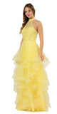 Halter Tiered Long Prom Dress Yellow