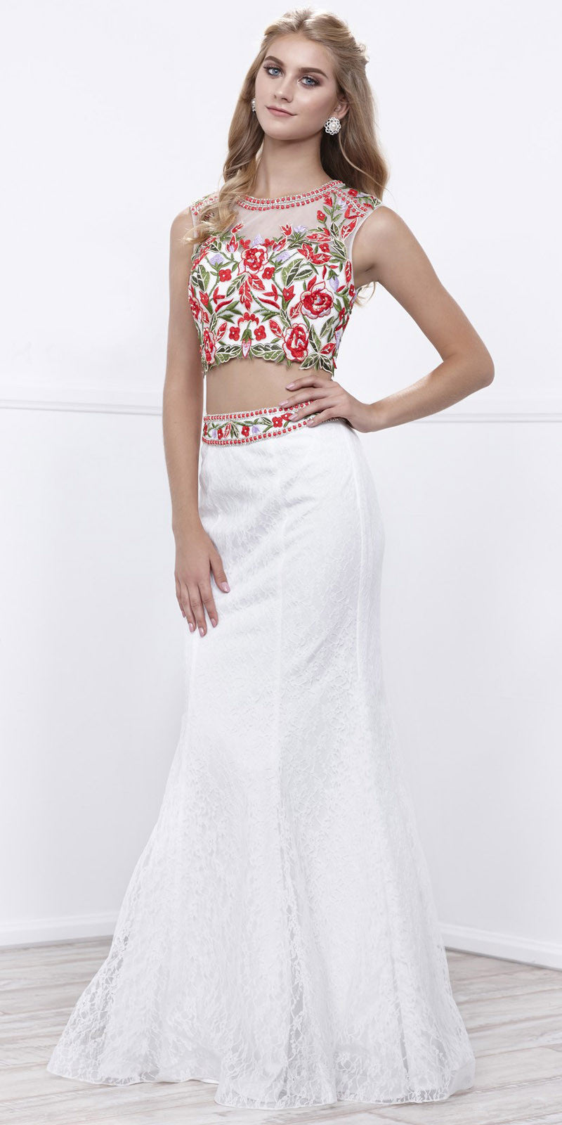 Sleeveless Embroidered Crop Top Lace Mermaid Skirt Prom Gown White