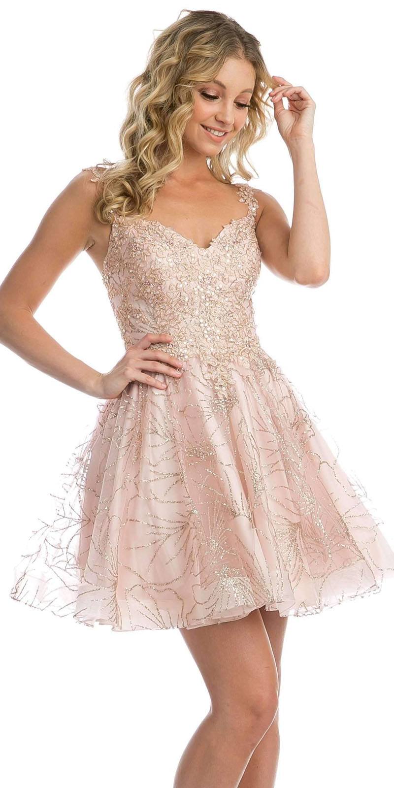 Blush Homecoming Short Dress with Applique and Glitter