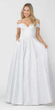 Off-White/Silver Cold-Shoulder Prom Ball Gown with Pockets