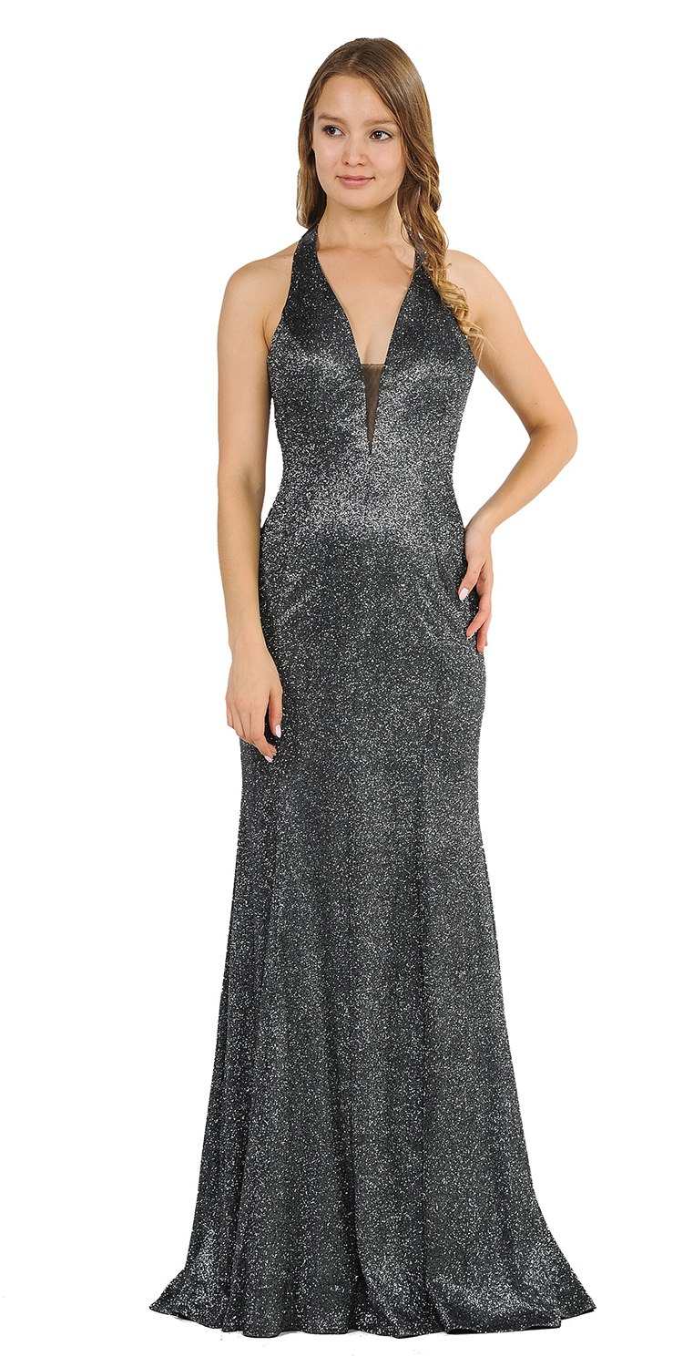 Black/Silver Halter V-Neck Long Prom Dress