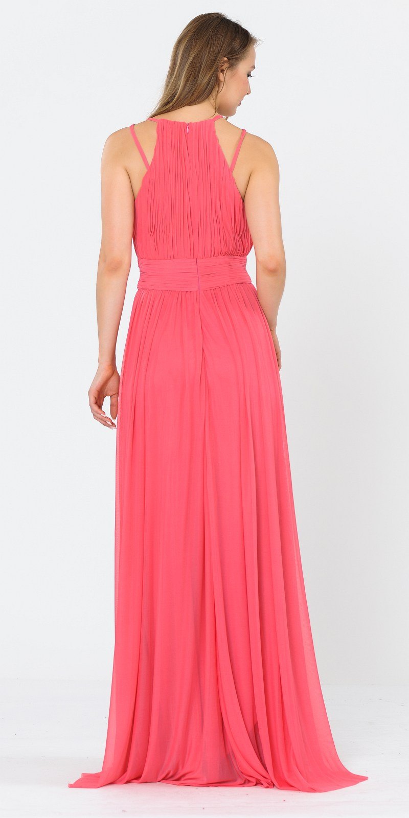 Poly USA 8396 Halter Ruched Bodice Long Formal Dress Coral