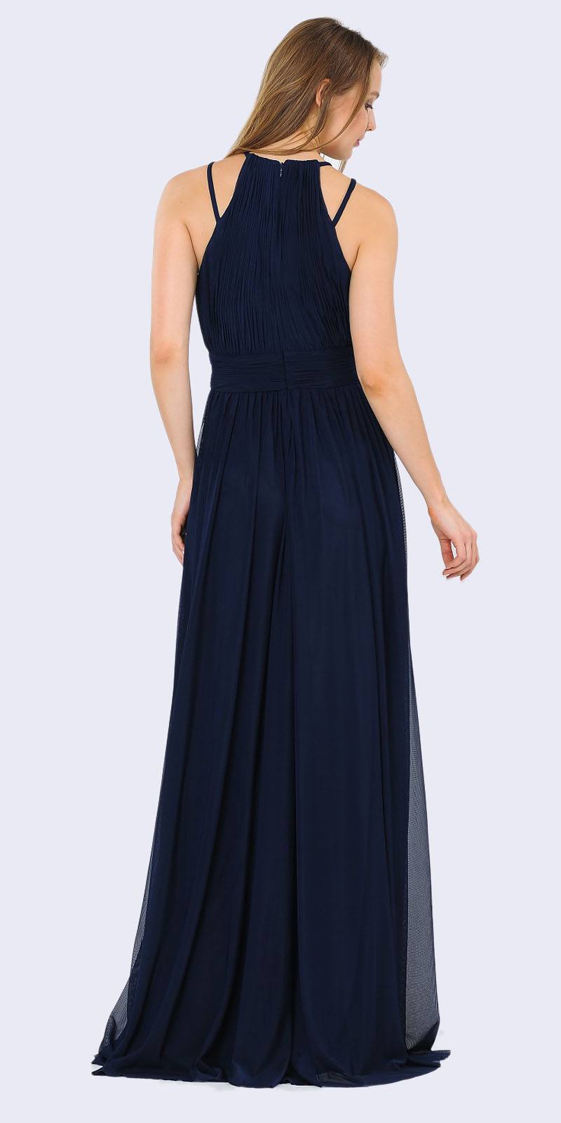 Poly USA 8396 Halter Ruched Bodice Long Formal Dress Navy Blue