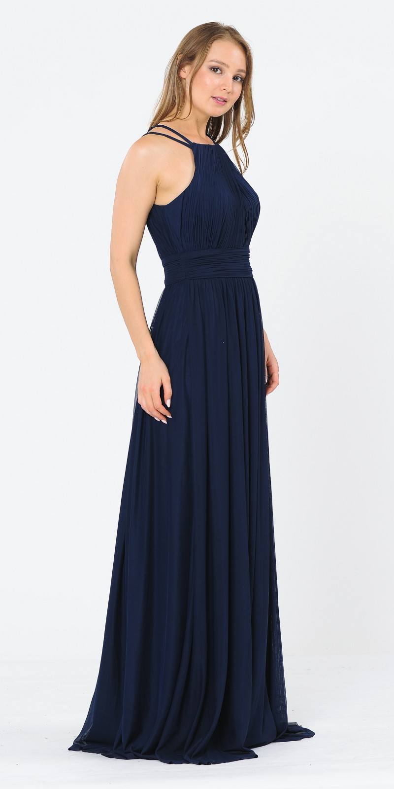 Poly USA 8396 Halter Ruched Bodice Long Formal Dress Navy Blue