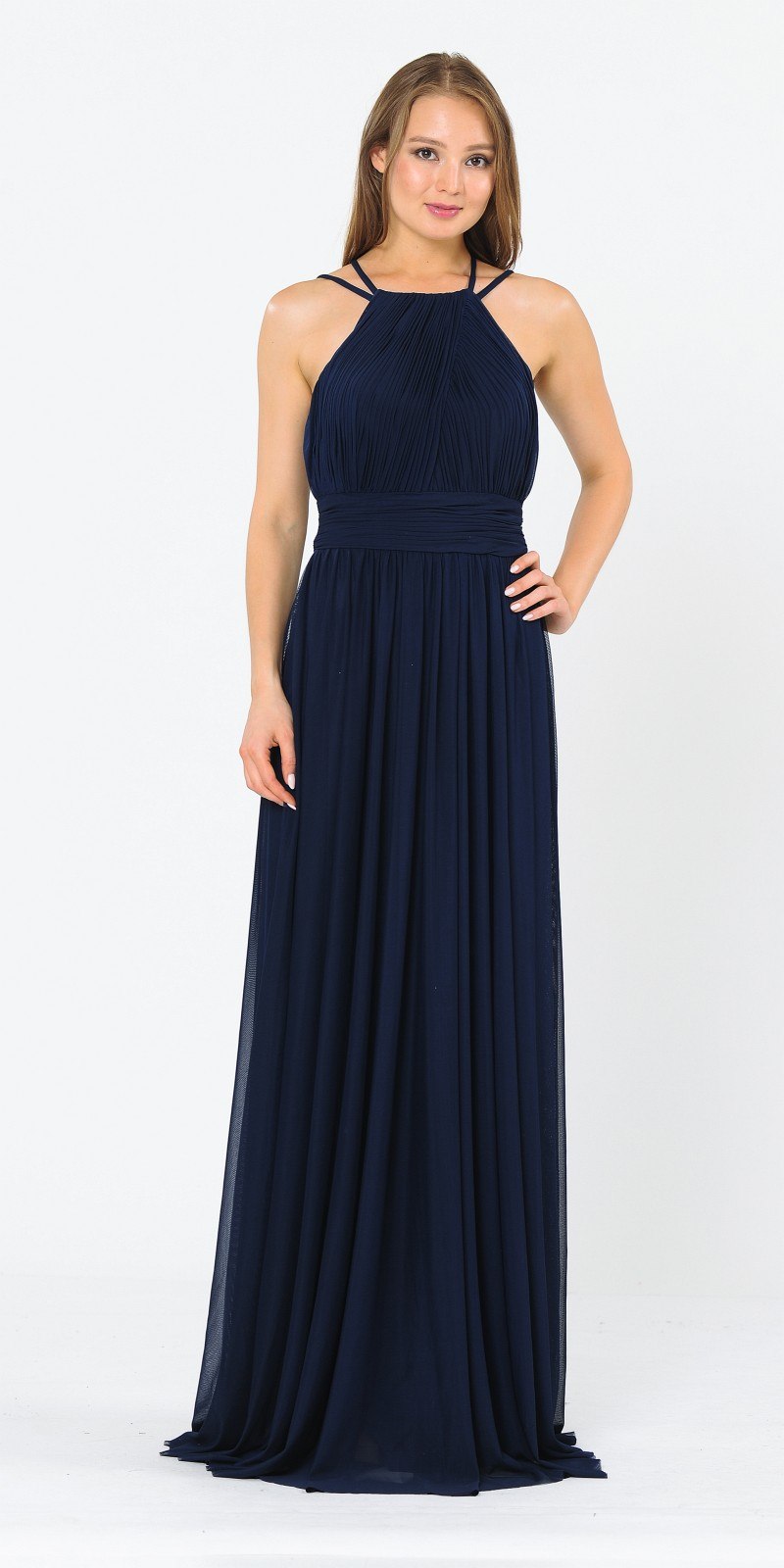 Poly USA 8396 Halter Ruched Bodice Long Formal Dress Navy Blue