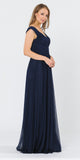 Off-Shoulder Ruched Bodice Long Formal Dress Dark Navy Blue