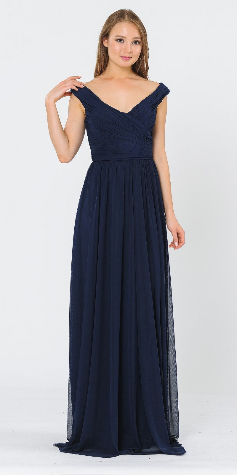 Off-Shoulder Ruched Bodice Long Formal Dress Dark Navy Blue