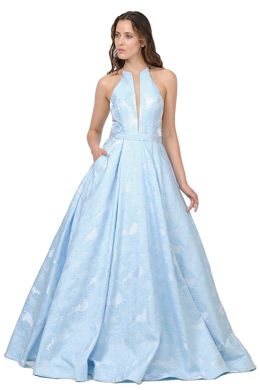 Sheer Cut-Out Bodice Long Prom Dress with Pockets Blue