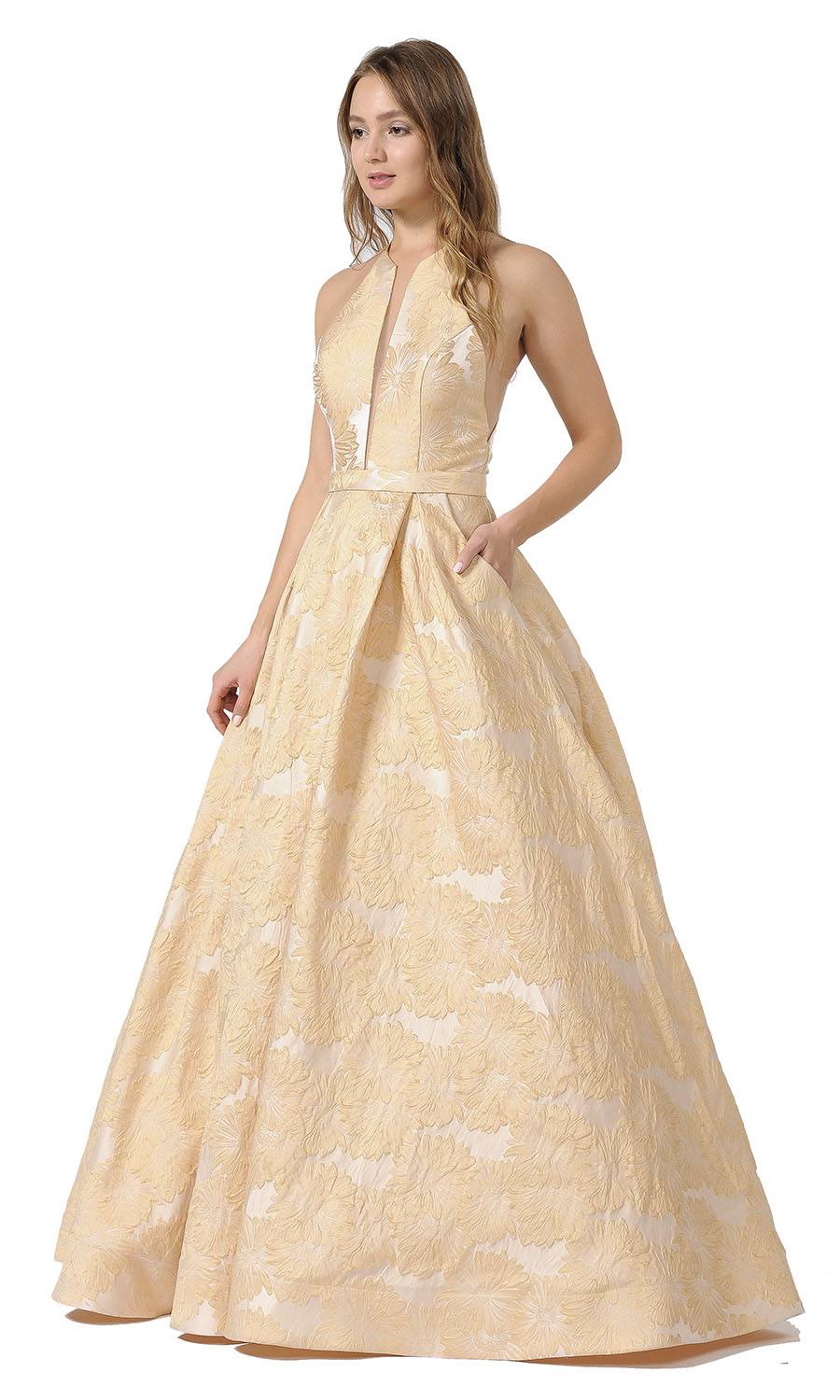 Sheer Cut-Out Bodice Long Prom Dress with Pockets Champagne