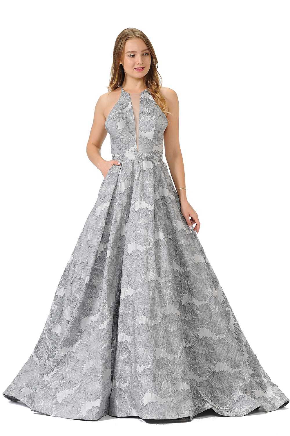 Sheer Cut-Out Bodice Long Prom Dress with Pockets Silver