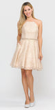 Poly USA 8410 Metallic Lace Halter Homecoming Short Dress Champagne