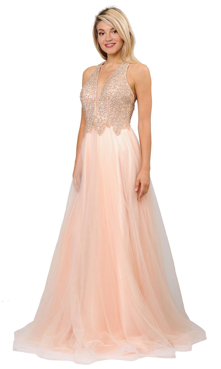 Beaded Long Prom Dress with Strappy Open-Back Champagne