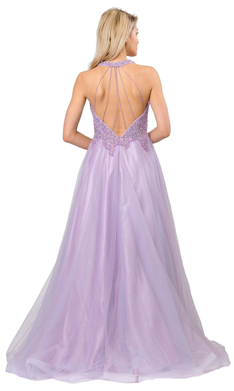 Beaded Long Prom Dress with Strappy Open-Back Lavender
