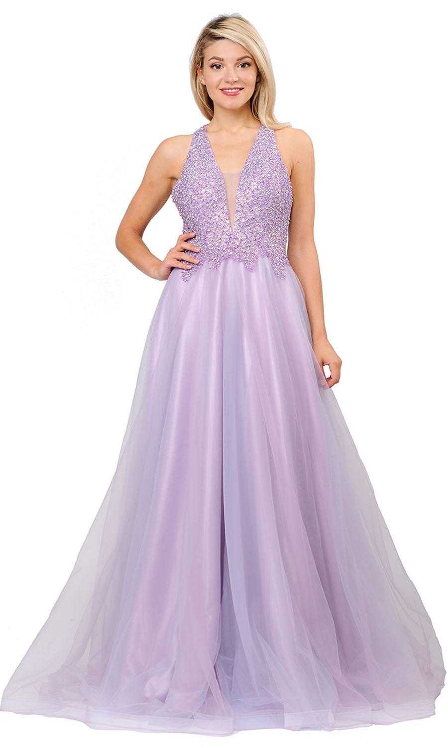 Beaded Long Prom Dress with Strappy Open-Back Lavender