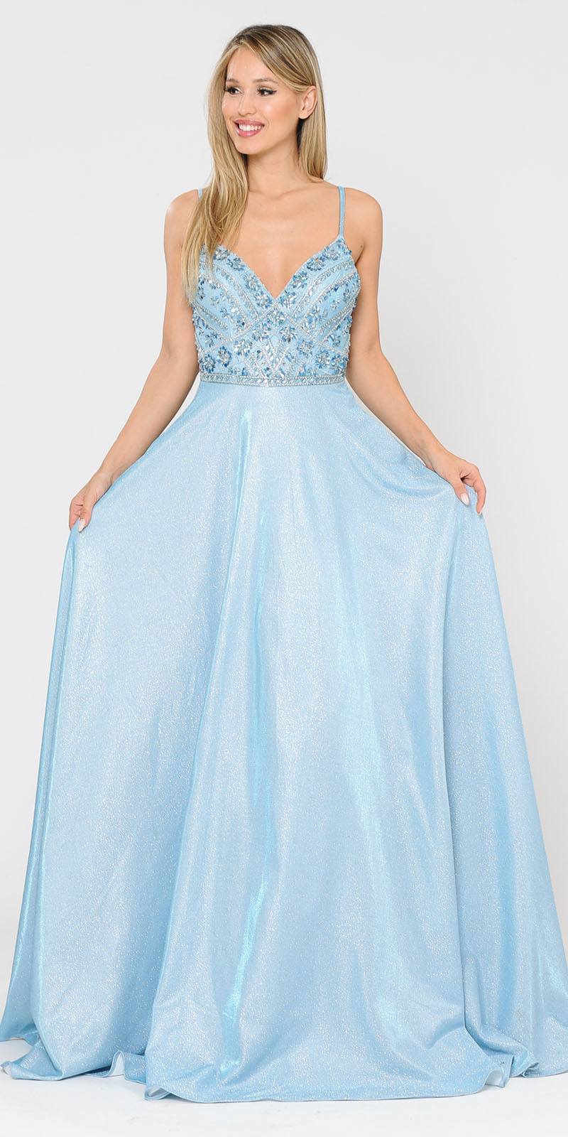 Poly USA 8414 Embellished Blue  Long Prom Dress with Pockets