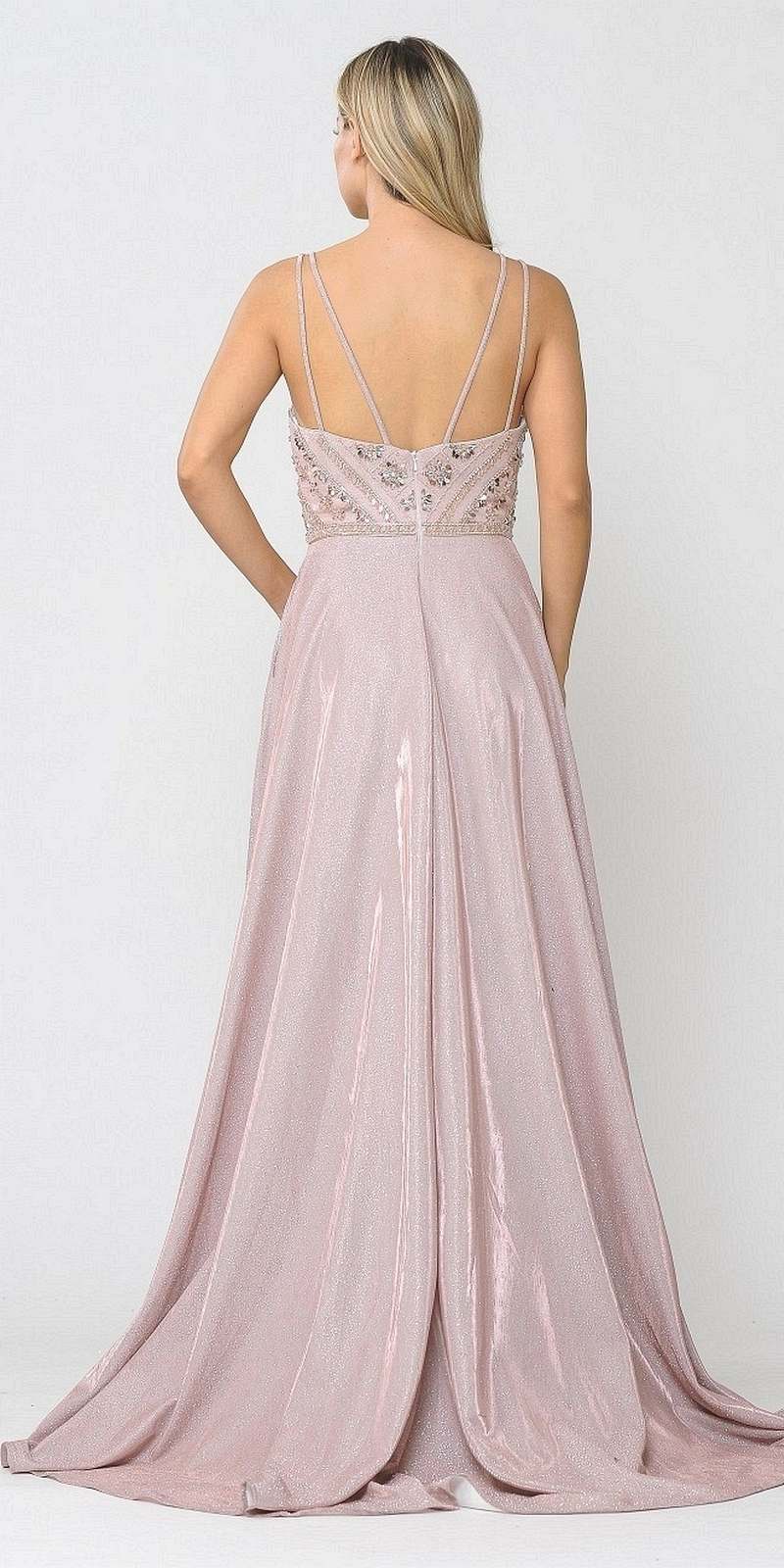 Poly USA 8414 Embellished Rose Gold Long Prom Dress with Pockets