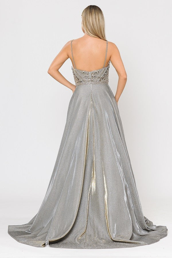 Poly USA 8414 Embellished Silver Gold Long Prom Dress with Pockets