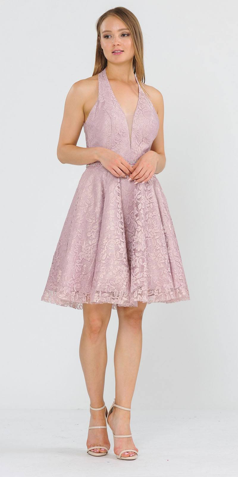 Halter V-Neck Lace Homecoming Short Dress Mauve