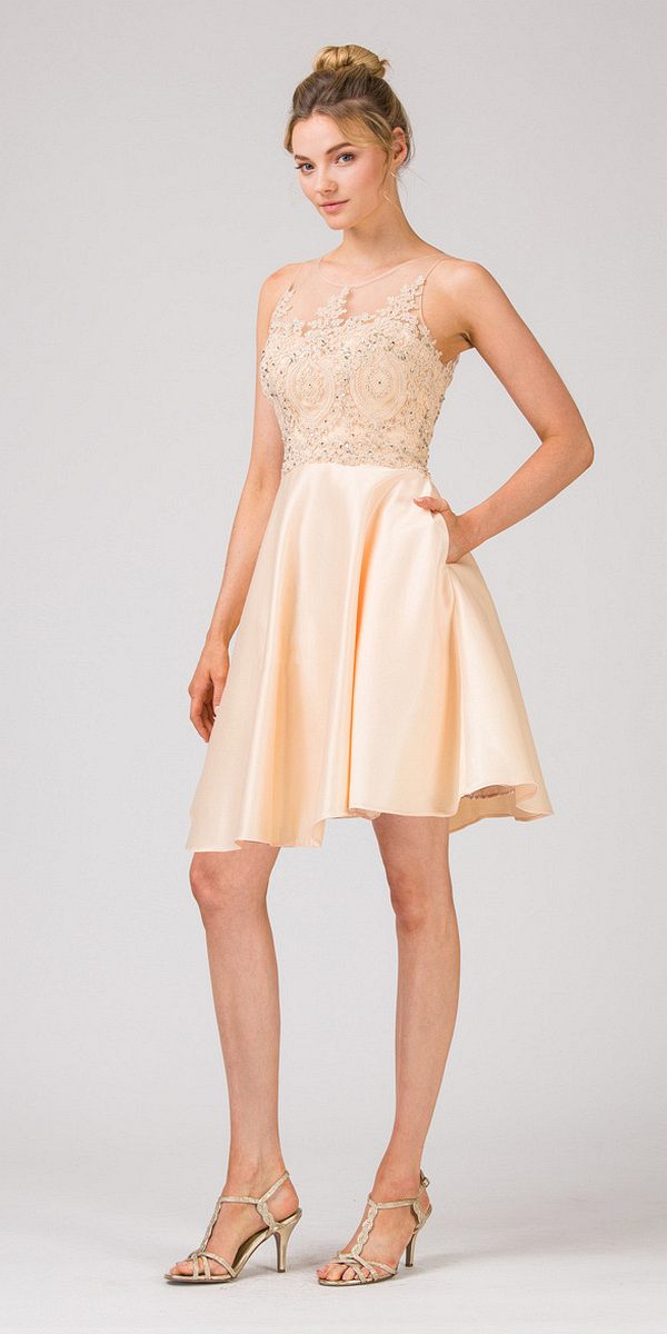 Keyhole Back Homecoming Short Dress with Pockets Champagne