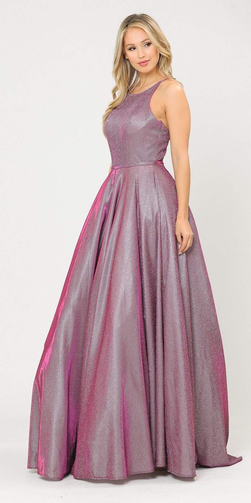 Magenta Long Prom Dress with Criss-Cross Back and Pockets