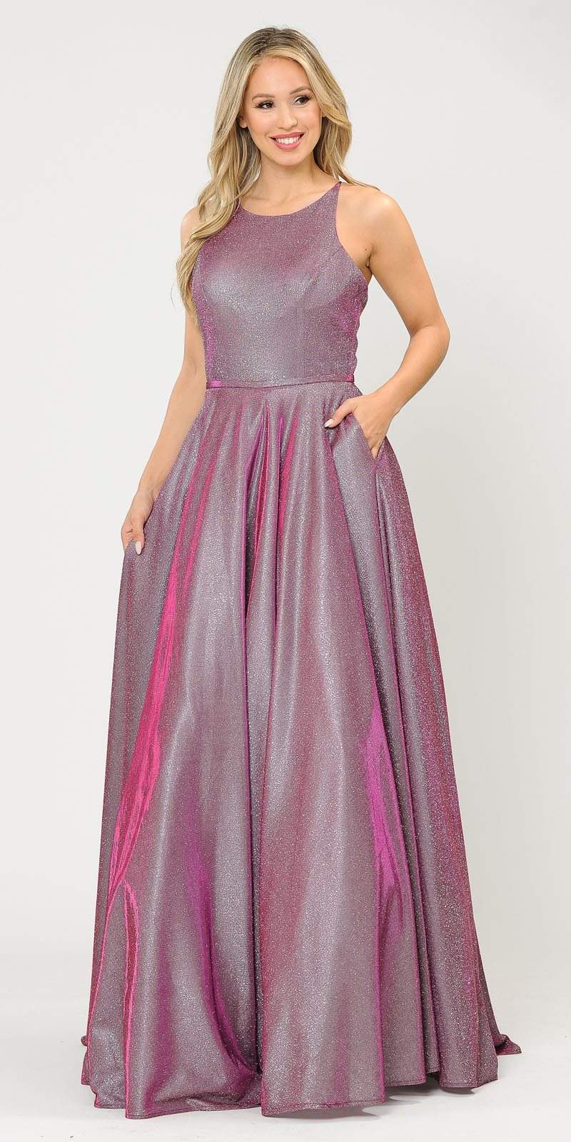 Magenta Long Prom Dress with Criss-Cross Back and Pockets
