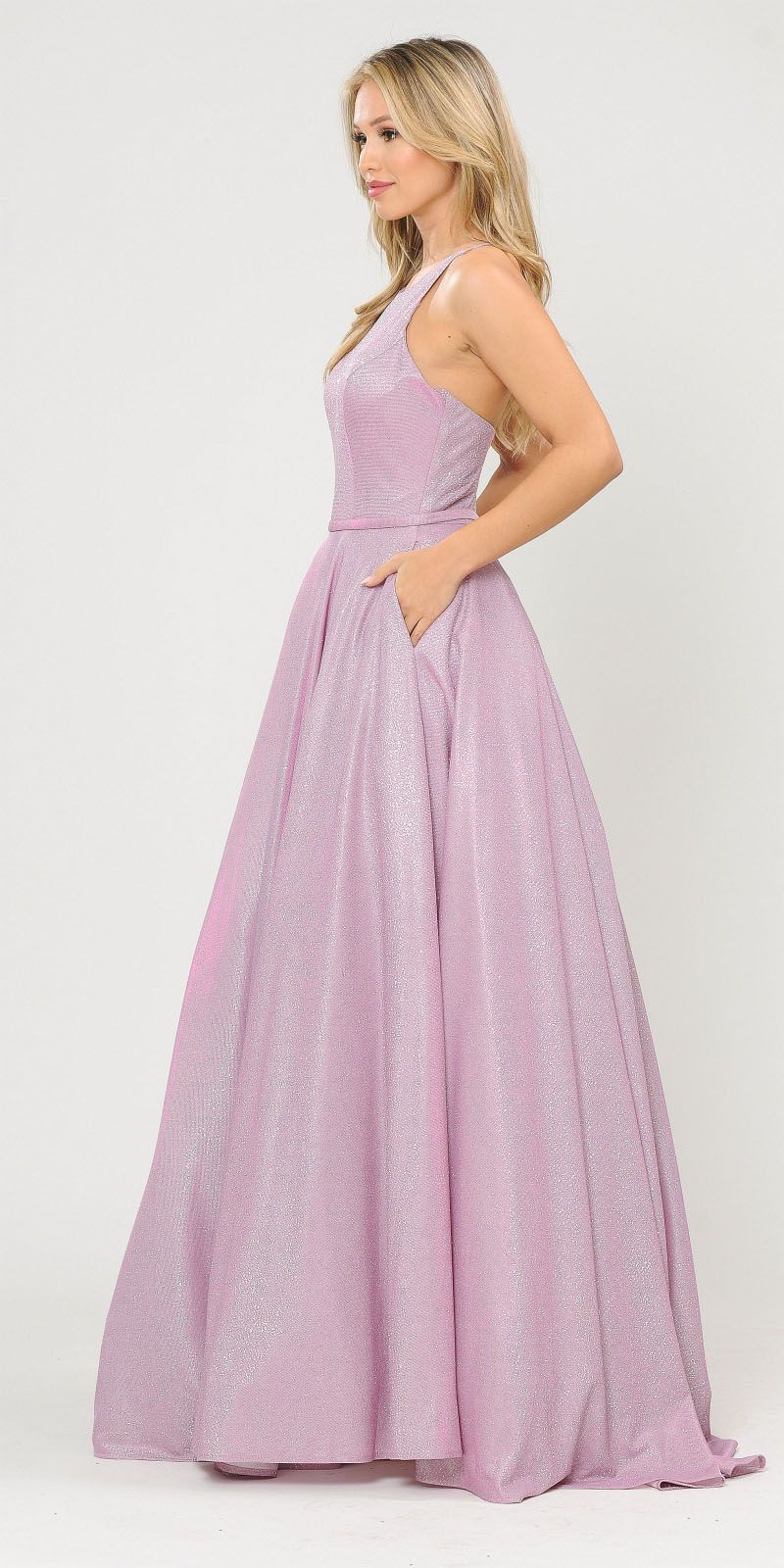 Pink/Lilac Long Prom Dress with Criss-Cross Back and Pockets