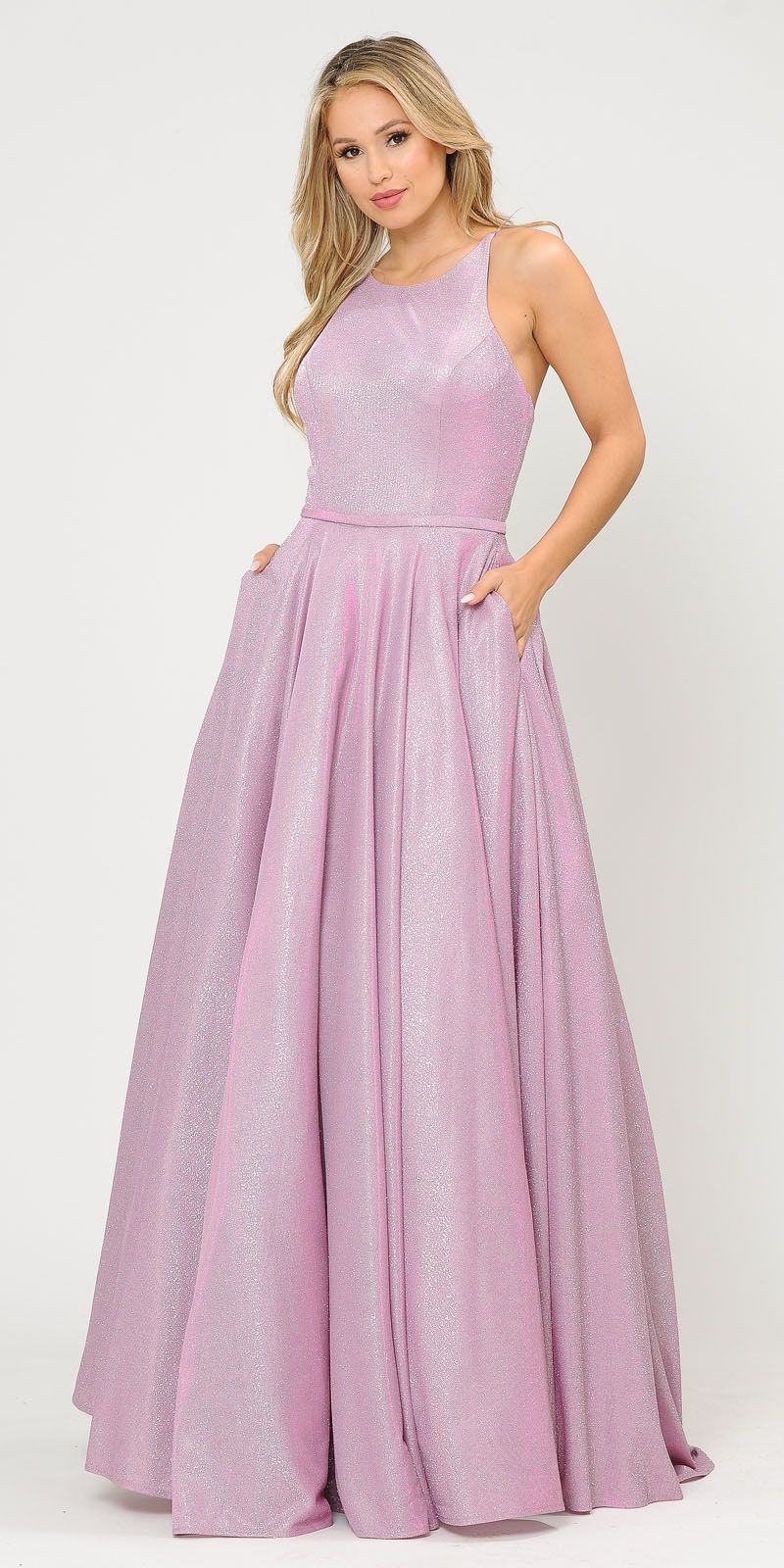 Pink/Lilac Long Prom Dress with Criss-Cross Back and Pockets