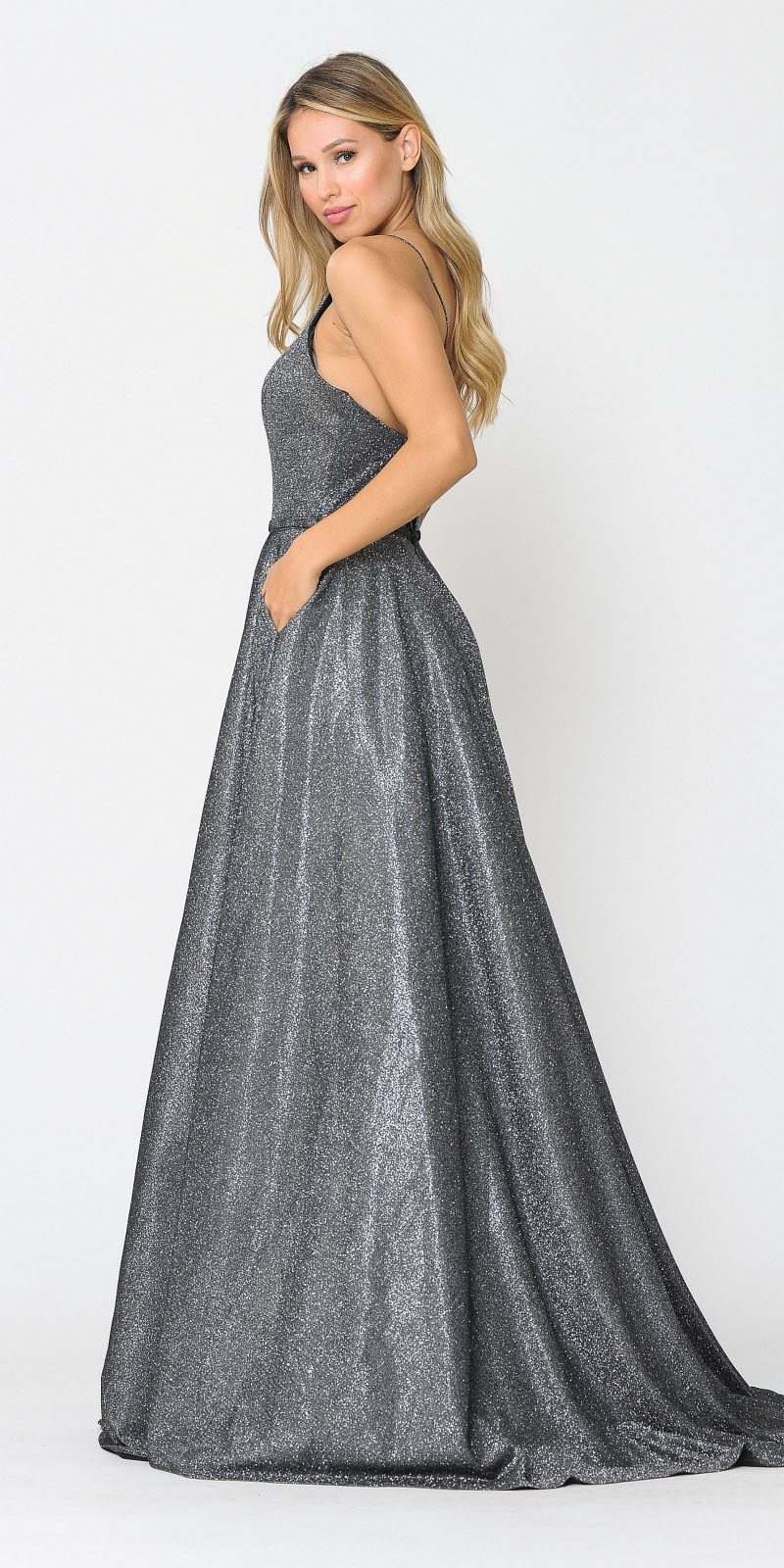 Black/Silver Long Prom Dress with Criss-Cross Back and Pockets