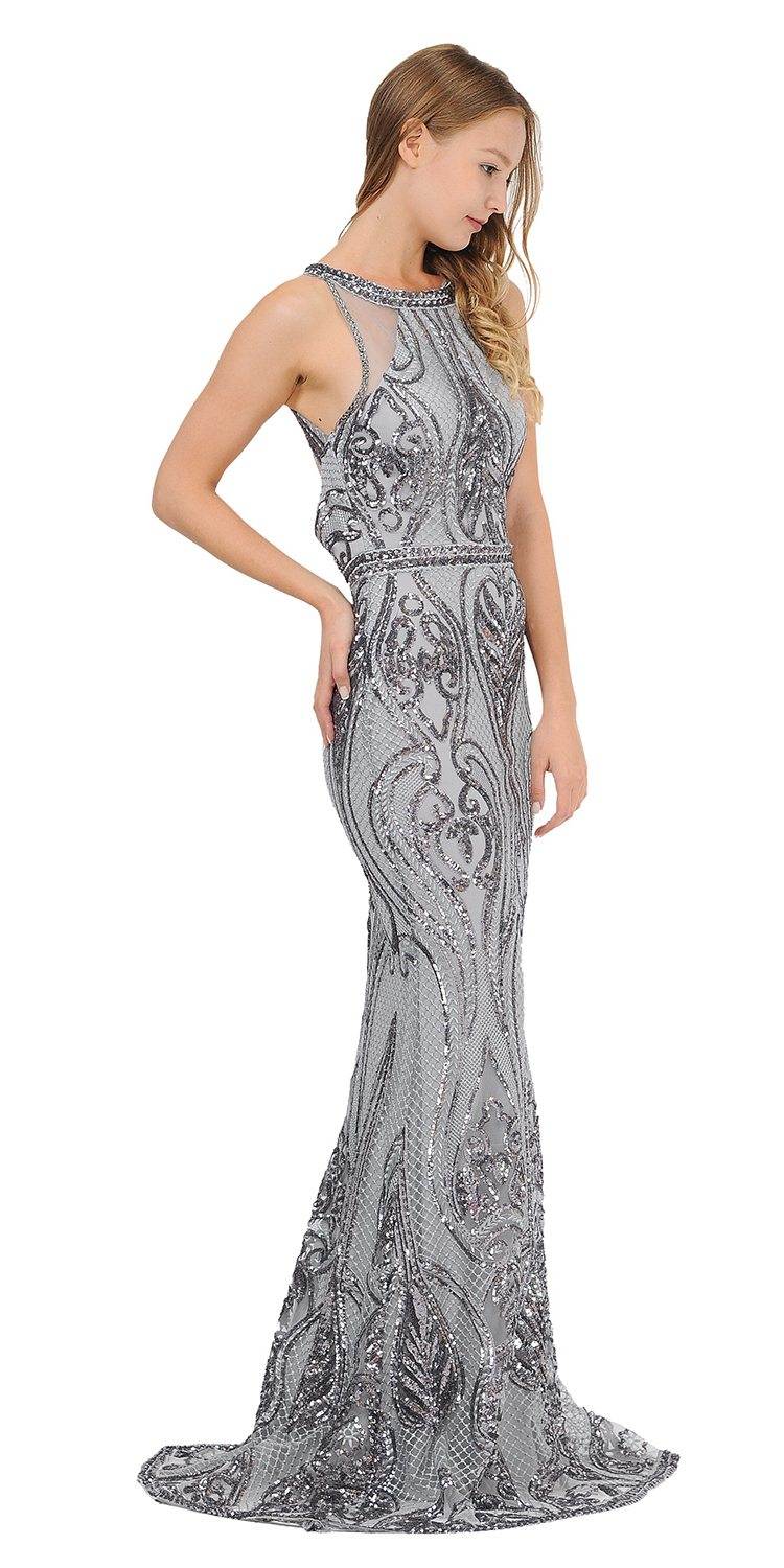 Poly USA 8438 Sequins Mermaid Long Prom Dress Cut-Out Back Charcoal