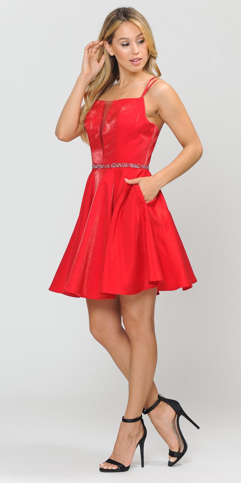 Poly USA 8447 Embellished Waist with Pockets Homecoming Short Dress Red