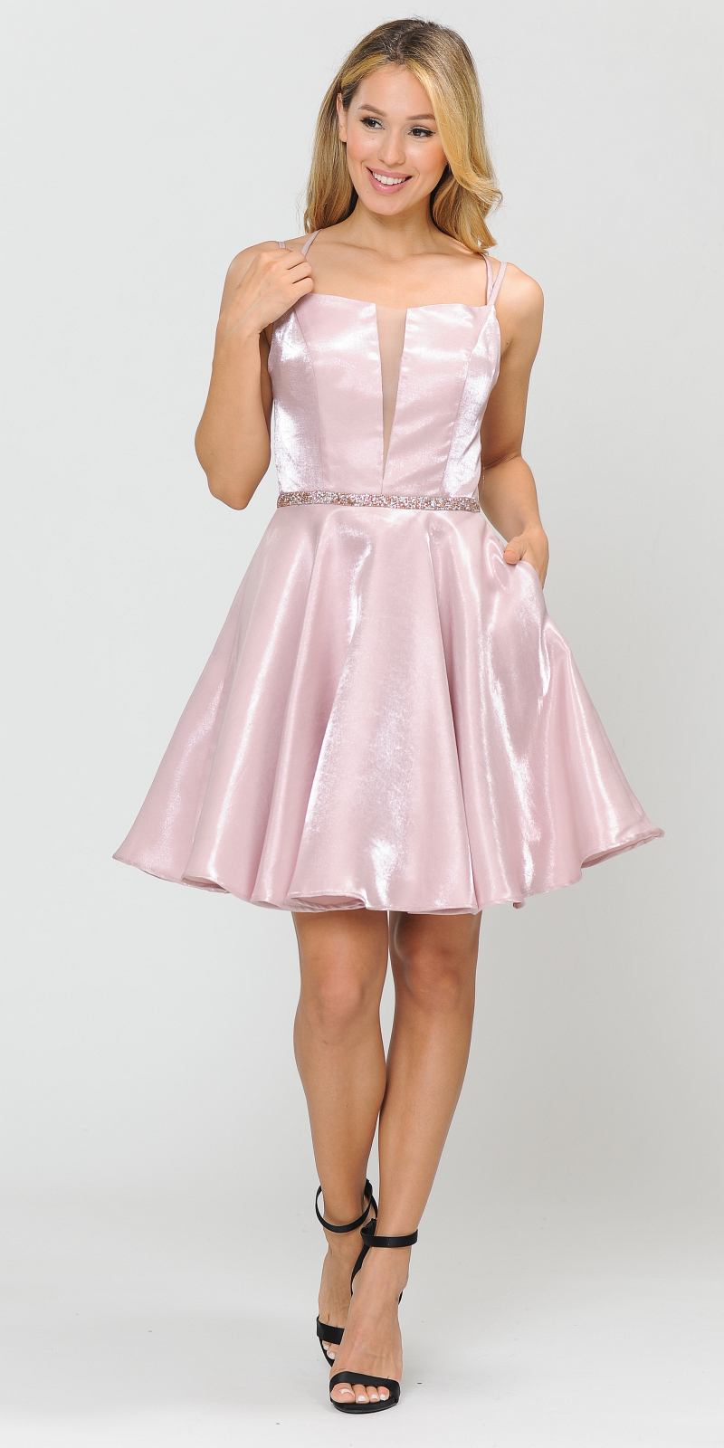 Poly USA 8447 Embellished Waist with Pockets Homecoming Short Dress Rose Gold