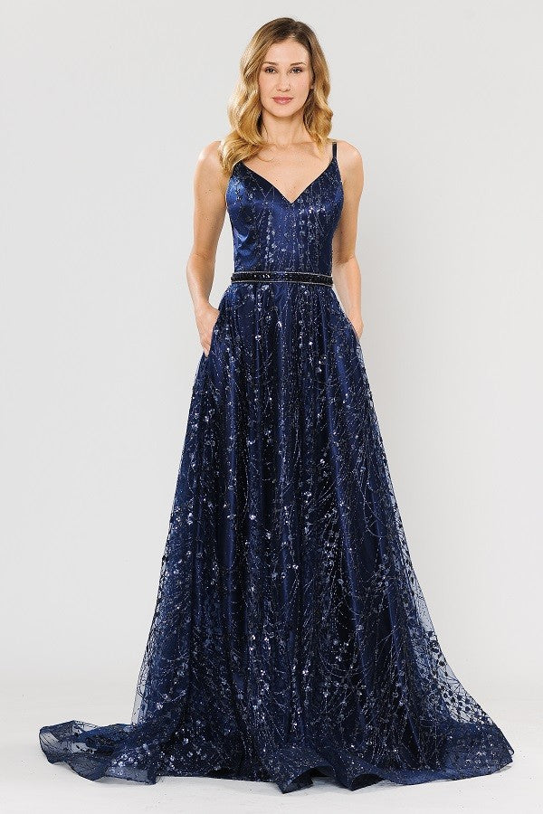Poly USA 8450 Lace-Up Back Glittery A-Line Long Prom Dress Navy Blue