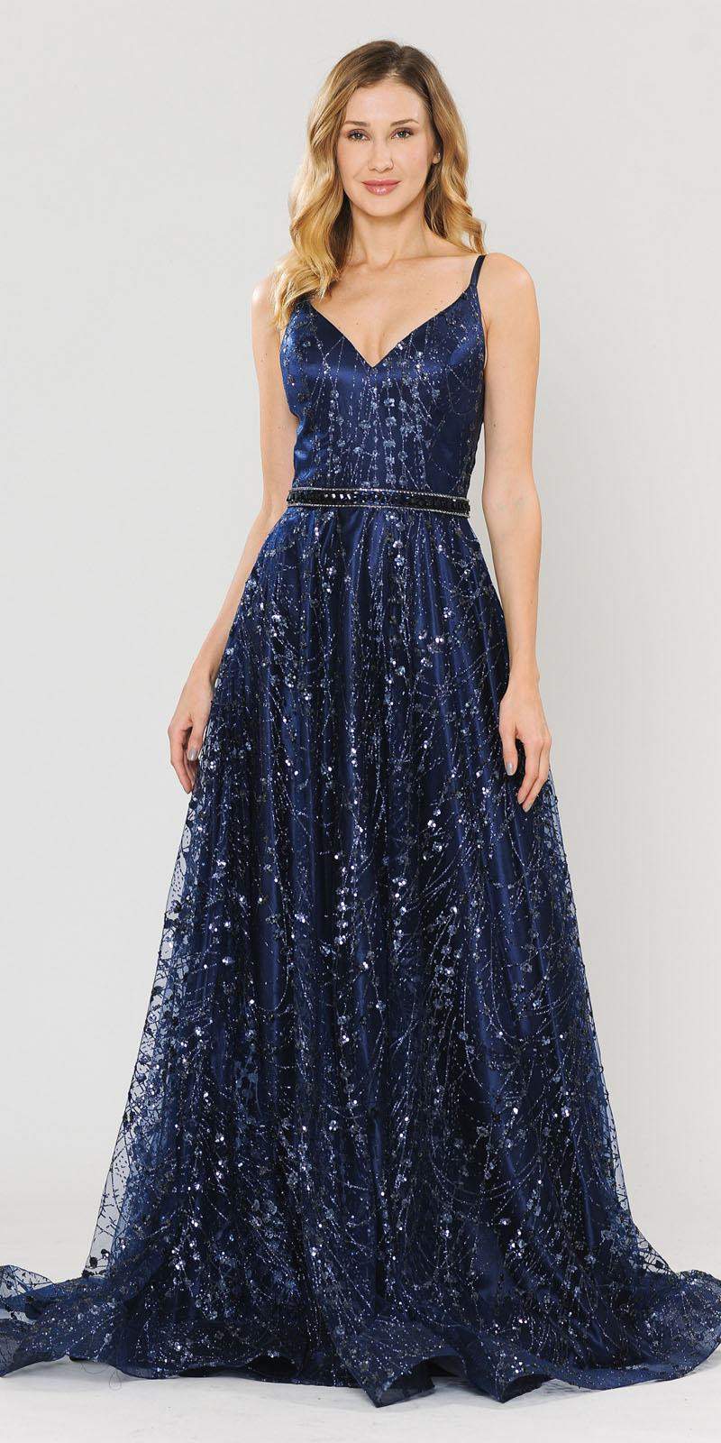 Poly USA 8450 Lace-Up Back Glittery A-Line Long Prom Dress Navy Blue