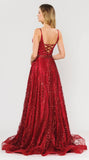 Poly USA 8450 Lace-Up Back Glittery A-Line Long Prom Dress Red