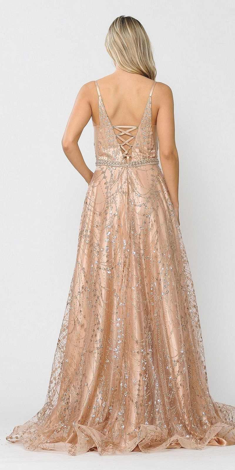 Poly USA 8450 Lace-Up Back Glittery A-Line Long Prom Dress Rose Gold