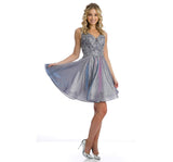 Metallic Purple Appliqued Homecoming Short Dress Sleeveless