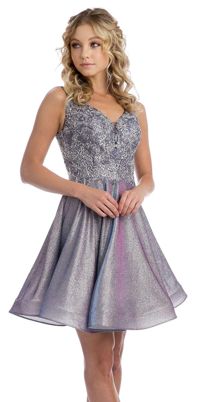 Metallic Purple Appliqued Homecoming Short Dress Sleeveless