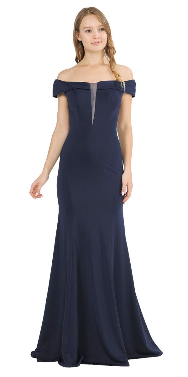 Off-Shoulder Navy Blue Long Formal Dress with Sheer Cut-Out Bodice