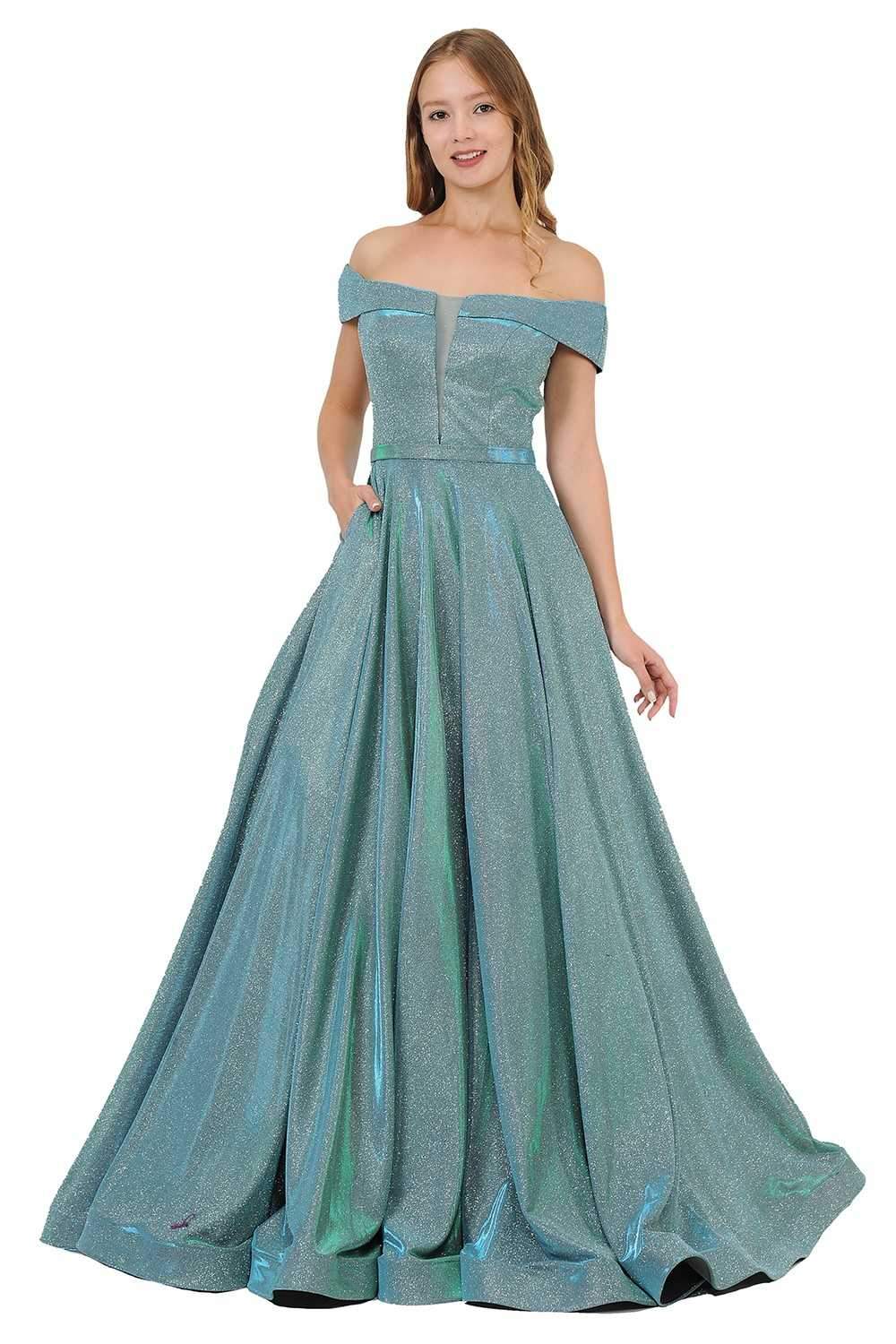 Teal Green Off-Shoulder Long Prom Dress Sheer Cut-Out Bodice